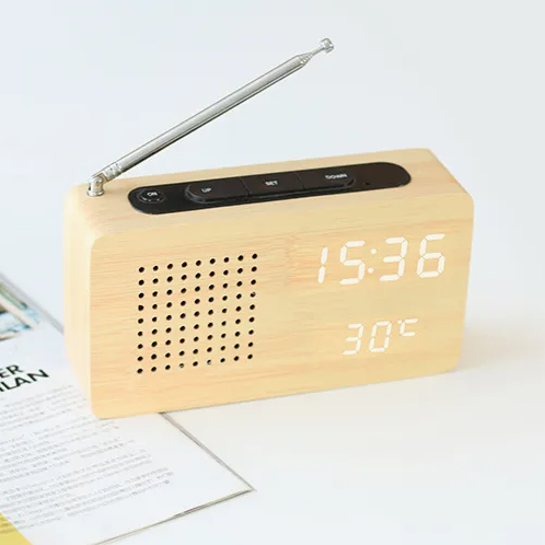 Wooden LED Digital FM Radio Alarm Clock with Temperature Sound Control