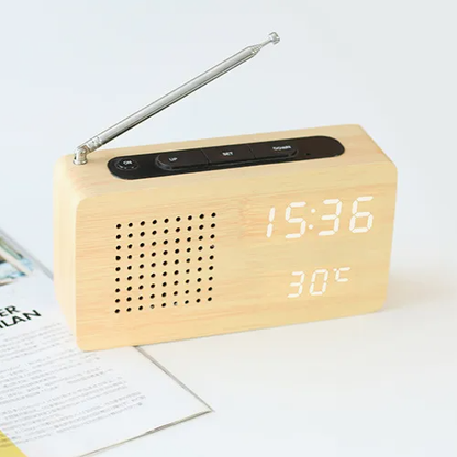 Wooden LED Digital FM Radio Alarm Clock with Temperature Sound Control