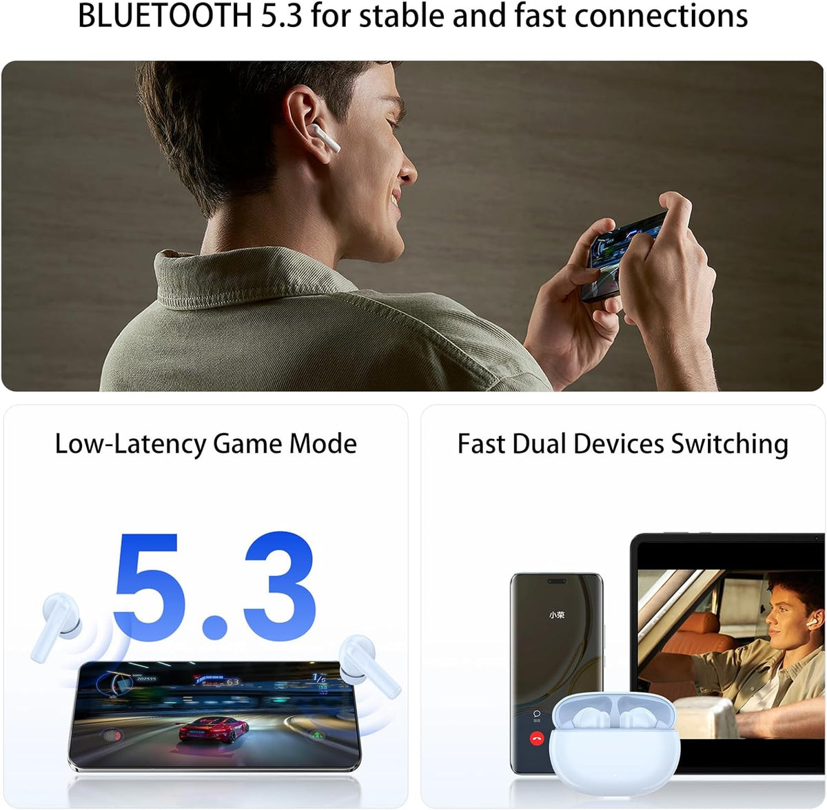 Hybrid Active Noise Cancelling Earbuds with 45dB.Waterproof Wireless Bluetooth Ear Buds.in-Ear Earphones with AI Clear Call Mics.40H Playtime.Bass Stereo for iPhone.Android.Pad-White